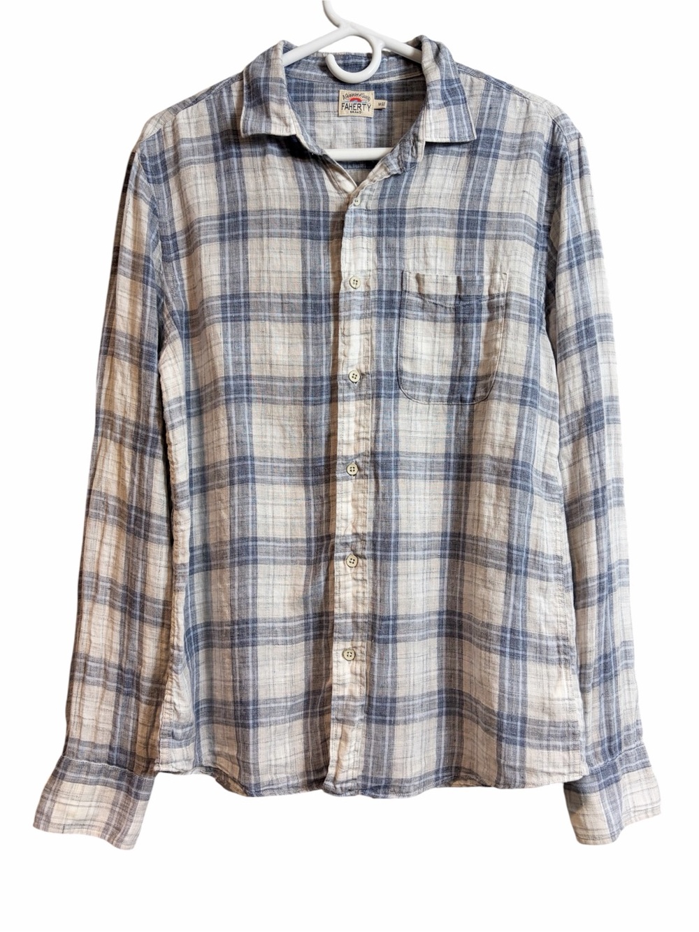 Faherty Light Blue Plaid Linen Long Sleeve Button Down Shirt SEE Description